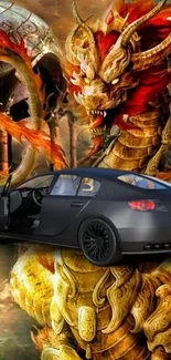 Golden dragon and black car in vivid fantasy art wallpaper.