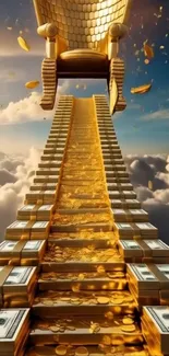 Golden staircase leads to throne above clouds and coins