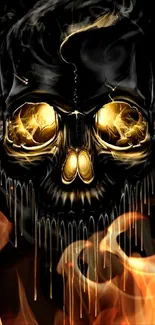 Golden dripping skull with dark background.