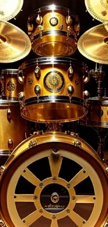 Golden drum set with cymbals on display, perfect for music enthusiasts.