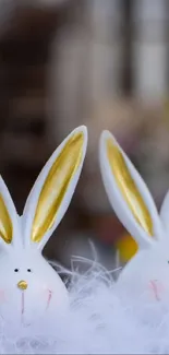 Cute white bunnies with golden ears on a fluffy background.