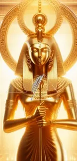 Golden Egyptian goddess statue art on a vibrant background.