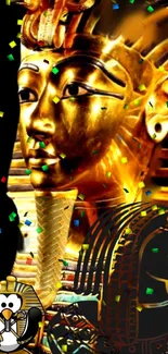 Golden Pharaoh art with confetti and penguin design on a mobile wallpaper.