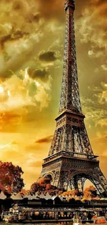 Eiffel Tower against a golden sky at sunset, perfect for mobile wallpaper.