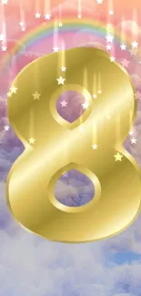 Golden number eight against a dreamy sky with stars and rainbow.