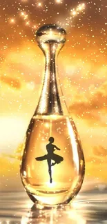 Golden perfume bottle with dancer silhouette at sunset.