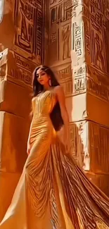 Elegant woman in a gold dress against ancient styled architecture.