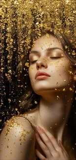 Woman with gold flakes on face for mobile wallpaper.