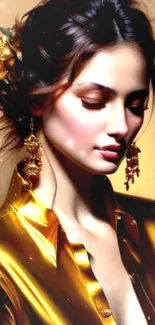 Elegant woman in golden attire mobile wallpaper.