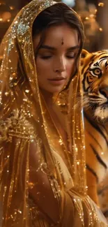 Woman in golden attire standing beside a majestic tiger.