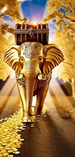 Golden elephant walking on coin pathway with forest background.