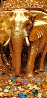 Majestic golden elephant amidst shining treasure and colorful gems.