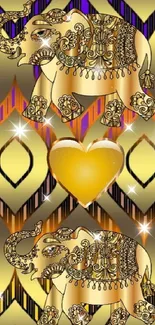 Elegant golden elephants with heart on decorative background.