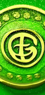 Circular golden emblem on vibrant green background with sparkles.