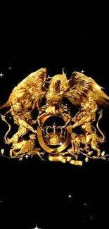 Golden emblem with lions and eagle on black background.