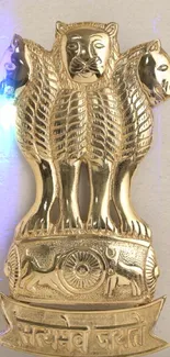 Lion Capitol of Ashoka golden emblem on beige background.