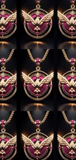 Gold winged emblem pendant on magenta background.