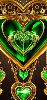 Golden heart with emerald jewel and intricate gear design.