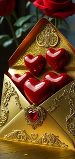 Luxurious gold envelope with red hearts and roses.