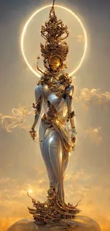 Golden sculpture with celestial halo in ethereal setting.