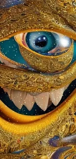 Golden fantasy eye design with intricate details for a mobile wallpaper.