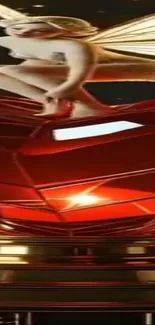 Golden fairy perched above a red geode with magical glow.