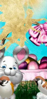 Golden fairy with Easter eggs and animals in a whimsical scene.