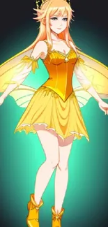 Anime style golden fairy with wings on a dark background.