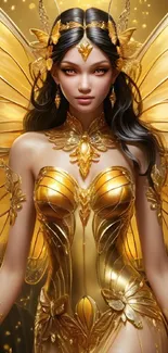 Golden fairy with enchanting wings on fantasy wallpaper.