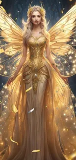 Golden-winged fairy in a magical forest setting with glowing ethereal design.