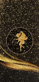 Golden fairy silhouette on dark backdrop with stars.