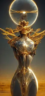 Futuristic golden figure with ornate details in fantasy art.