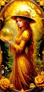 Mystical woman in golden dress holding a glowing sphere.