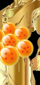 Golden character with orange spheres and stars.