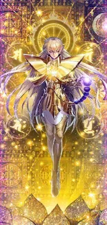 Golden fantasy character with glowing aura and mystical designs.