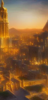 Golden fantasy cityscape at sunset, with intricate architecture and warm lighting.