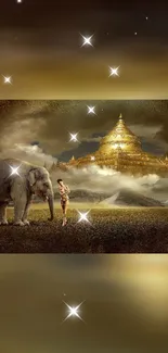 Mystical scene with elephant, golden temple and stars.