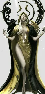 Fantasy goddess in gold and black with detailed artistic elements.