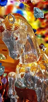 Golden fantasy horse with colorful jewels in vibrant wallpaper.