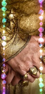 Ornate hands with golden rings and elegant sleeves, set in a fantasy theme.