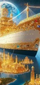 Fantasy ship with golden details on a stunning mobile wallpaper.