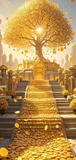 Golden fantasy tree with coins in a majestic setting.