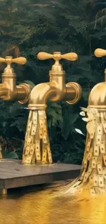 Golden faucets pouring money with green backdrop.