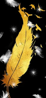 Elegant golden feather on black background wallpaper.