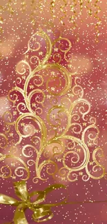 Elegant golden Christmas tree wallpaper with festive swirls and ribbons.