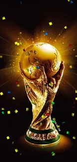 Golden FIFA World Cup trophy on black background.