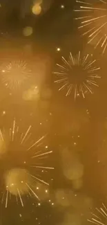 Golden fireworks burst on festive background.