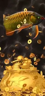 Golden fish with flying coins and a decorative pot.