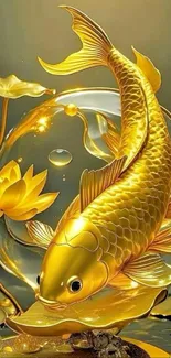 Golden fish with lotus flower artwork wallpaper, elegant design.
