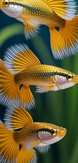 Three golden fish swimming gracefully underwater.
